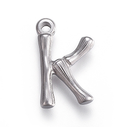 Letter K Tarnish Resistant 304 Stainless Steel Pendants, Bamboo Shaped Letter, Stainless Steel Color, Letter.K, 19x12x3mm, Hole: 1.6mm