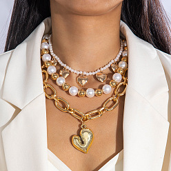 Золотой Подвеска в виде пластикового сердца из сплава CCB с пластиковыми бусинами и жемчугом 3 многослойные ожерелья для женщин, белые, золотые, 15.75~22.05 дюйм (40~56 см), 3 шт / комплект