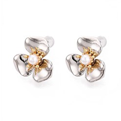 Платинированный Серьги-гвоздики из искусственного жемчуга из латуни и АБС-пластика, цветок, без никеля , Реальная платина, 16.5x17 мм