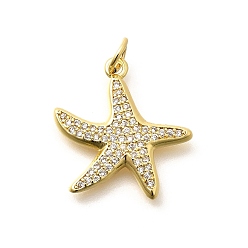 Настоящее золото 18K Латунные микропаве прозрачные подвески с фианитом, прелести морская звезда, с целью перехода в кольце, стойки покрытие, долговечный, без свинца и без кадмия, реальный 18 k позолоченный, 19x18.5x2.5 мм, отверстие : 3 мм