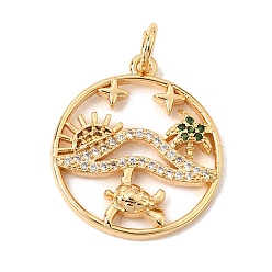 Plaqué 18K Or Véritable Pendentifs en laiton zircon cubique micro pavé vert, rond avec des breloques tortue, cocotier et soleil, sans cadmium et sans plomb et sans nickel, réel 18 k plaqué or, 23x20x3mm, Trou: 4mm