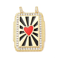 Красный Латунные микро проложить кубического циркония подвески, Прямоугольник с сердцем, с эмалью, стойки покрытие, долговечный, без свинца и без кадмия, реальный 18 k позолоченный, красные, 36x24x2 мм, отверстие : 3 мм