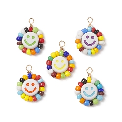 (52) Непрозрачная лаванда Подвеска из стеклянных семян и акриловых плетеных бусин, с золотой латунной проволокой, обернутой, плоские круглые с улыбающееся лицо, разноцветные, 20~21x15x5 мм, отверстие : 2 мм