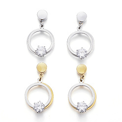 Mixed Color 304 Stainless Steel Earlobe Plugs, Screw Back Earrings, with Cubic Zirconia, Ring with Star, Mixed Color, 30mm, pin: 1mm
