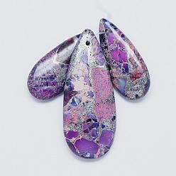 Розовато-лиловый Натуральный регалит / имперская яшма / морские отложения яшмовые подвески, с серебряной линией, окрашенные, слеза, розовато-лиловый, 34.5~50.5x15~20.5x6.5~7 мм, отверстие : 2 мм