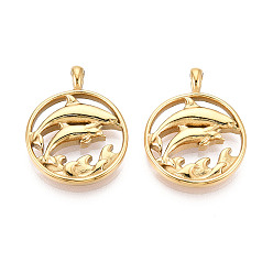 Настоящее золото 18K 304 подвески из нержавеющей стали, плоские круглые с дельфином, ионное покрытие (ip), реальный 18 k позолоченный, 26x20x4.5 мм, отверстие : 3x4 мм
