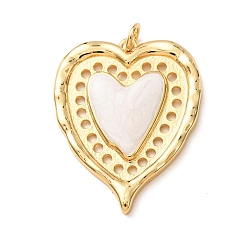 White Brass Pendants, with Enamel, Heart Charms, Rack Plating, Long-Lasting Plated, Lead Free & Cadmium Free, Real 18K Gold Plated, White, 36x28x4mm, Hole: 4mm