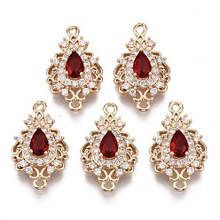 Красный Соединители из латуни с микропаве и кубическим цирконием, со стеклом, долговечный, слеза, золотой свет, красные, 20x12x5 мм, отверстие : 1.4 мм