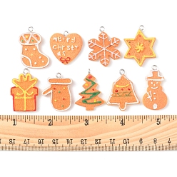 Mixed Color 18Pcs 9 Styles Christmas Theme Opaque Resin Pendants, with Platinum Tone Iron Loops, Imitation Gingerbread, Mixed Shapes, Mixed Color, 24~32x18~26.5x3.5~4mm, Hole: 2mm, 2pcs/style