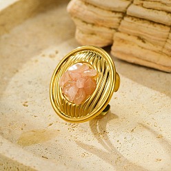 Розовый Кварц Кольца для женщин с натуральным розовым кварцем, плоские круглые 304 открытые манжеты из нержавеющей стали, реальный 18 k позолоченный, 30.5 мм, регулируемый