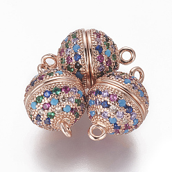 Розовое Золото Магнитные застежки из латуни с цирконием и микропаве с петлями, круглые, красочный, розовое золото , 15~15.5x10 мм, отверстие : 1.4 мм