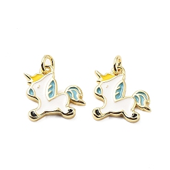Единорог Латунь эмаль прелести, с прыжковых колец, стойки покрытие, реальный 18 k позолоченный, без свинца и без кадмия, долговечный, единорог, 12x12.5x2 мм, отверстие : 2.2 мм
