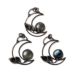 Лабрадорита Драгоценный камень большие кулоны, подвески с луной и цветами, С латунными красными медными тонами, без кадмия и без свинца, 58x44~50x6.5~7 мм, отверстие : 6 мм