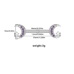 Луна 316l Кольца для сосков из хирургической нержавеющей стали с фиолетовым кубическим цирконием, цвет нержавеющей стали, луна, 14 мм