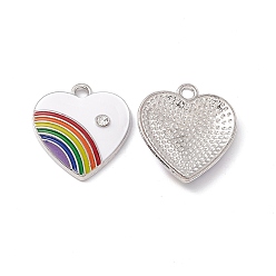 Белый Кулон эмали сплава, со стразами, сердце с радужным шармом, платина, белые, 20x18x3.5 мм, отверстие : 2 мм