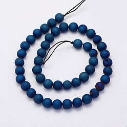 Blue Plated Electroplate Natural Druzy Agate Beads Strands, Round, Frosted, Blue Plated, 8mm, Hole: 1mm, about 45~48pcs/strand, 14.9 inch(38cm)