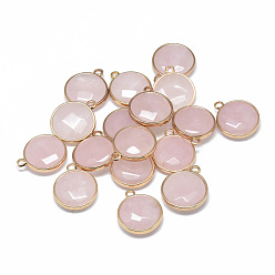 Розовый Кварц Природного розового кварца подвески, с фурнитурой латунной золотого тона, граненые, плоско-круглые, 21x18x6 мм, отверстие : 2 мм