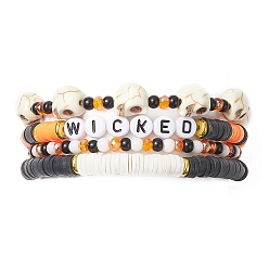 Mixed Color 4Pcs 4 Style Polymer Clay Heishi Surfer Stretch Bracelets Set, Dyed Synthetic Turquoise Skull & Word Stackable Bracelets for Halloween, Mixed Color, Inner Diameter: 2-3/8~2-1/2 inch(6~6.5cm), 1Pc/style
