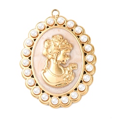 Золотой 304 нержавеющей стальной эмали подвески, овал с женскими прелестями, с ABS имитации жемчуга, золотые, 35x26x3.5 мм, отверстие : 1.5 мм