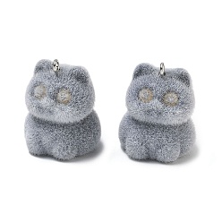 Cat Shape Флокированные подвески из непрозрачной смолы, с платиновыми тоновыми железными петлями, очарование животных, серые, форма кошки, 27.5x22x25 мм, отверстие : 2 мм