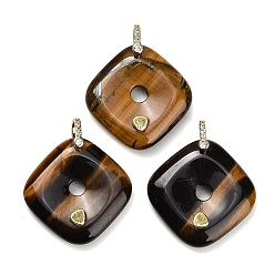 Tiger Eye Natural Tiger Eye Pendants, Rhombus Charms, with Brass Pave Cubic Zirconia Findings, Golden, 35~35.5x35~35.5x8~8.5mm, Hole: 5x6mm