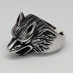 Antique Silver Unique Retro Men's 304 Stainless Steel Wolf Rings, Antique Silver, 17~23mm