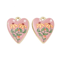 Сердце Печатные подвески сплава, стойки покрытие, без кадмия, без никеля и без свинца, золотые, сердце с цветочными подвесками, 19x15x3.5 мм, отверстие : 1.8 мм