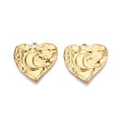 Настоящее золото 18K 304 текстурированное сердце из нержавеющей стали с подвесками в виде луны, ионное покрытие (ip), реальный 18 k позолоченный, 26x26x2 мм, отверстие : 1.6~1.8 мм