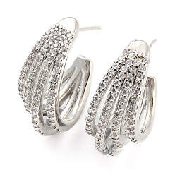 Platinum Rack Plating Brass Split Earrings, Cubic Zirconia Half Hoop Earrings, Long-Lasting Plated, Lead Free & Cadmium Free, Platinum, 23x11mm