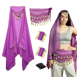 Purple DIY Costume Props Sets, including Nylon & Iron Belly Dance Wrist Cuffs Bracelets, Silk Belly Dance Waist Scarf, Polyester with Iron Headpiece Cap and Alloy Hair Bobby Pins, Purple, 55x2x4.5mm