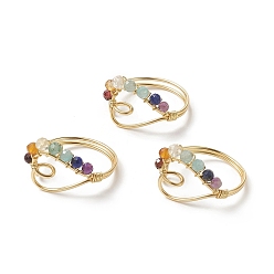 Смешанные камни Открытое кольцо-манжета с плетеным сердцем из бисера из натуральных смешанных драгоценных камней, украшения из светло-золотой медной проволоки для женщин, размер США 9 3/4 (19.5 мм)