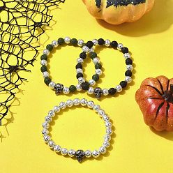 Lava Rock 3Pcs 3 Colors Halloween Dyed & Electroplated Natural Lava Rock Round Beads Stretch Bracelets for Men, Skull, Inner Diameter: 2-1/4 inch(5.8cm)~2-3/8 inch(6cm), 1pc/color