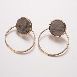 Labradorite Natural Labradorite Ear Studs, with Brass Findings, Flat Round, Golden, 40x31x1.5~3mm, Pin: 0.7mm