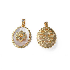 Creamy White Brass Micro Pave Clear Cubic Zirconia Pendants, with  Natural Shell, Real 18K Gold Plated, Nickel Free, Oval with Flower, Creamy White, 23x17x5mm, Hole: 2.5x4mm