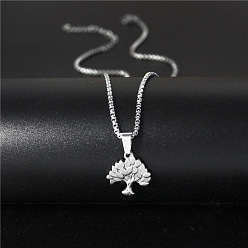 Stainless Steel Color 304 Stainless Steel Tree of Life Pendant Box Chain Necklaces for Women, Tarnish Free, Stainless Steel Color, 17.72 inch(45cm)