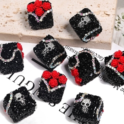 Black Halloween Theme Acrylic Beads, Cube with Skull and Rose, Black, 18x18x18mm, Hole: 2.7mm, 5pcs/set