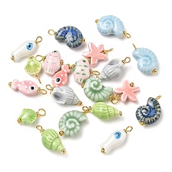 Mixed Color 20Pcs 10 Styles Handmade Porcelain Pendants, Shell/Fish/Starfish, with Golden Tone Iron Loops, Mixed Color, 20~29mm, Hole: 2.5~3.5mm, 2pcs/style