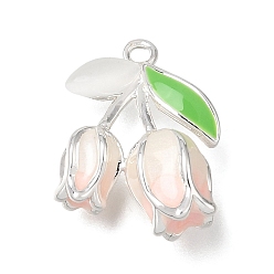 Pink Messing Anhänger & Charms, Blume Reize, Platin Farbe, rosa, 16x12x6 mm, Bohrung: 1.5 mm