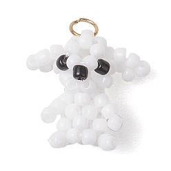 Белый Подвески в виде собак, украшенные стеклянным бисером, с 304 нержавеющей стали, белые, 16x15x9.5 мм, Перейти кольцо: 4x0.5 мм, 3 mm внутреннего диаметра.