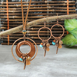 Красная Медь Комплекты украшений из сплава, дерева и синтетической бирюзы, включая ожерелья и серьги, Красная медь, 15.75 дюйм (40 см), 87x30 мм