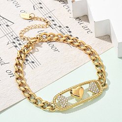 Сердце Прямоугольник 304 браслеты из нержавеющей стали, кубинская цепочка ювелирные изделия для женщин, с кубического циркония, реальный 18 k позолоченный, сердце, 6-3/4x1/4 дюйм (17.1x0.6 см), Прямоугольник: 12.5x40.5x3 мм