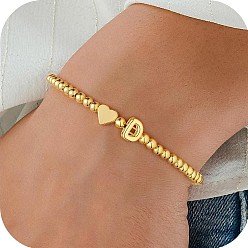 Letter D Эластичные браслеты из сплава бусин для женщин, сердце с письмом, золотые, Буква D, 6.69 дюйм (17 см)