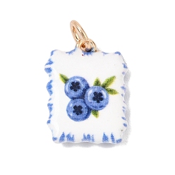 Blue Brass Pendants, Rectangle with Blueberry Charms, Golden, Blue, 19x14x3.5mm, Hole: 3.5mm