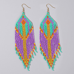 Фиолетовый Богемский стеклянный бисер ручной работы шестигранные серьги-подвески, золотые, фиолетовые, 155x40 мм