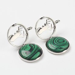Malachite Synthetic Malachite Pendants, with Brass Diffuser Locket Finding, Flat Round with Christmas Reindeer/Stag, 31x26x8mm, Hole: 4mm