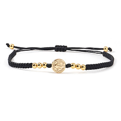 Черный Регулируемые латунные плетеные браслеты из бусин, Браслеты из плетеного волоконного шнура для женщин и мужчин, плоские круглые с святым Бенедиктом, золотые, чёрные, 11.02 дюйм (28 см)