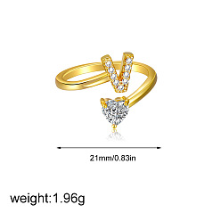 Letter V Латунные кольца-манжеты с микропаве из прозрачных кубических цирконий, сердце, золотые, Буква V, 21 мм