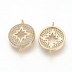 Golden Brass Micro Pave Cubic Zirconia Links, Nickel Free, Golden, Flat Round, 20x15x3mm, Hole: 1.5mm