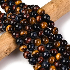 Тигровый глаз Природных тигровый глаз бисер нитей, с синим и красным тигровым глазом (окрашенный и нагретый), выше класса А, круглые, 8 мм, отверстие : 1 мм, около 47~48 шт / нитка, 15 дюйм