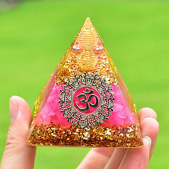 Ярко-Розовый Смола оргонитовая пирамида украшения для дома, С природными драгоценными камнями, ярко-розовый, 60x60x60 мм